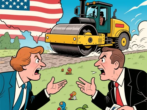 Political Clash with Steamroller and Divided America Flag