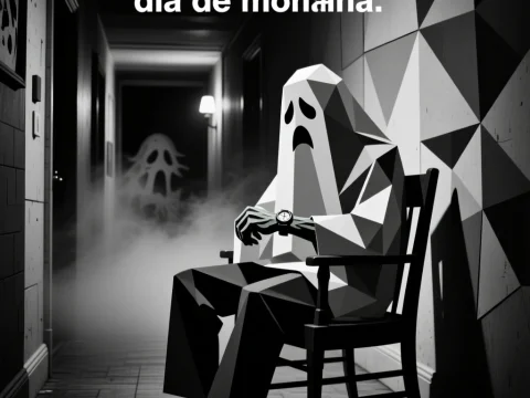Polygonal Ghost Waiting in Hallway with Spanish Text