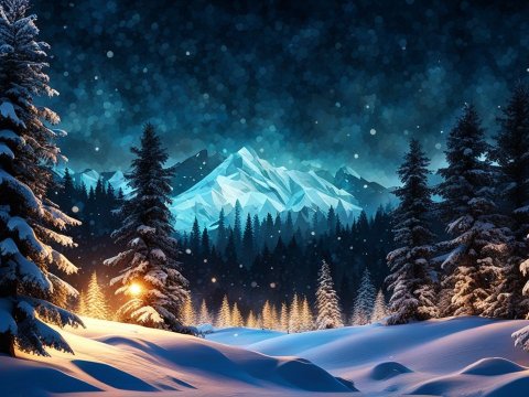 Polygonal Winter Night Landscape with Snow-Covered Pines