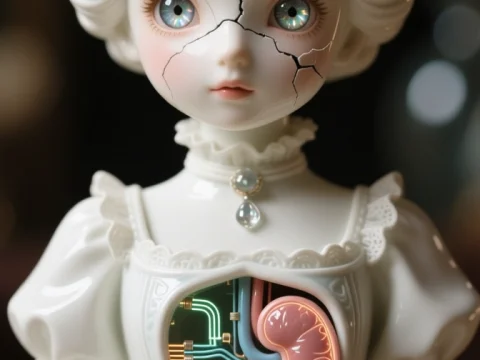 Porcelain Doll with Cracked Face and Digital Kidney Illustration