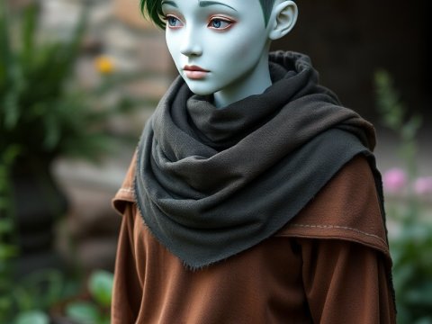 Porcelain Doll with Green Hair in Medieval Attire