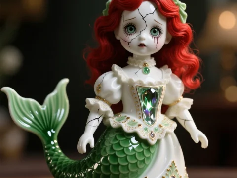 Porcelain Mermaid Doll with Cracks and Red Hair