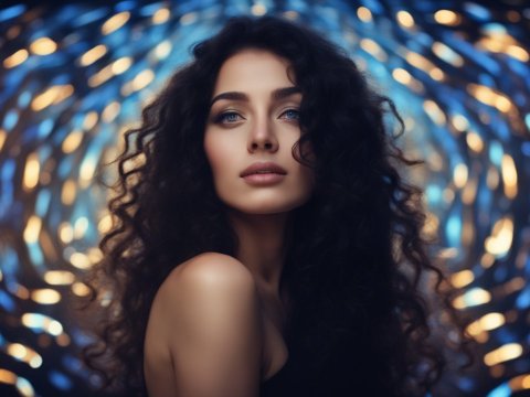 Portrait of a Beautiful Woman with Curly Hair and Bokeh Lights