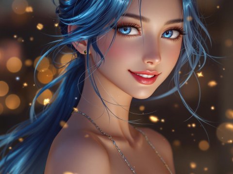 Portrait of a Blue-Haired Anime Woman with Sparkling Eyes
