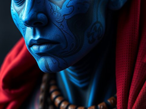 Portrait of a Blue-Skinned Tattooed Figure with Beaded Necklace