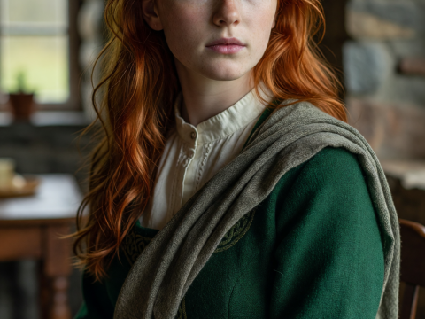 Portrait of a Fiery Red-Haired Irish Maiden in Traditional Dress