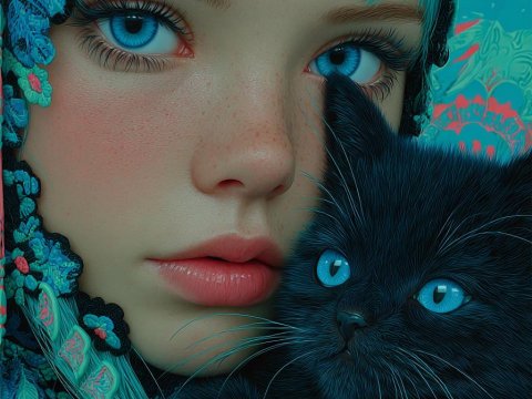 Portrait of a Girl with Blue Hair and a Black Cat