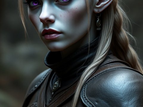 Portrait of a Grey-Skinned Female Elf with Purple Eyes