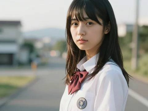 Portrait of a Japanese Schoolgirl in Uniform Outdoors