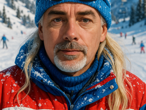 Portrait of a Man in Ski Gear on Snowy Mountain