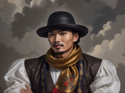 Portrait of a Man in Vintage Attire with Dramatic Clouds