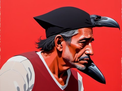 Portrait of a Man Wearing a Raven Hat on Red Background