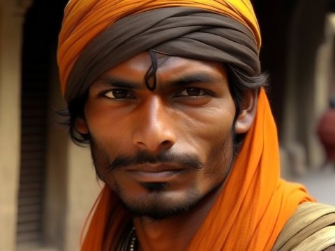 Portrait of a Man Wearing a Vibrant Orange Turban