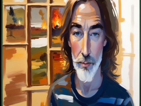 Portrait of a Man with Fiery Landscape Through Window