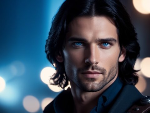 Portrait of a Man with Striking Blue Eyes in Dramatic Lighting