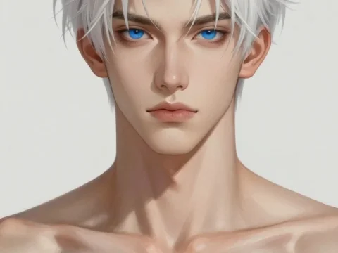 Portrait of a Masculine Man with White Hair and Blue Eyes