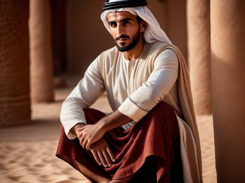 Portrait of a Middle Eastern Man in Traditional Attire Sitting in Desert Architecture