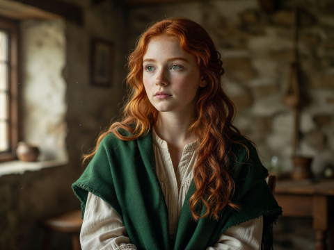 Portrait of a Red-Haired Celtic Maiden in Traditional Attire