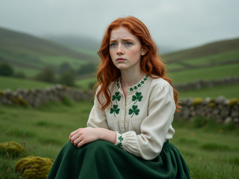 Portrait of a Red-Haired Irish Girl in Traditional Attire