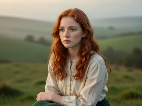 Portrait of a Red-Haired Woman in a Misty Irish Countryside