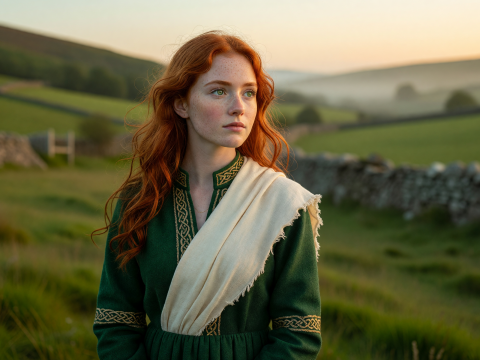 Portrait of a Red-Haired Woman in Celtic Attire at Sunset