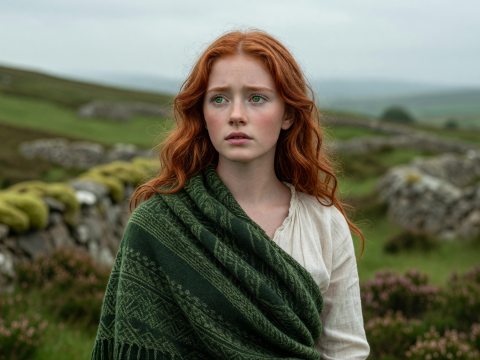 Portrait of a Red-Haired Woman in Celtic Landscape