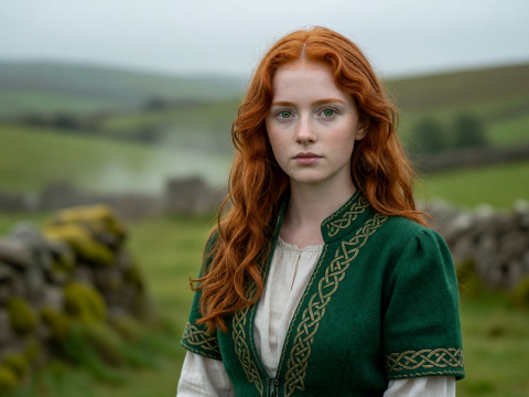 Portrait of a Red-Haired Woman in Traditional Irish Attire
