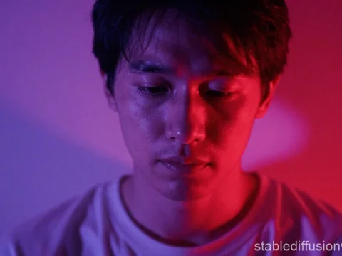 Portrait of a Sad Asian Man with Dramatic Red and Purple Lighting