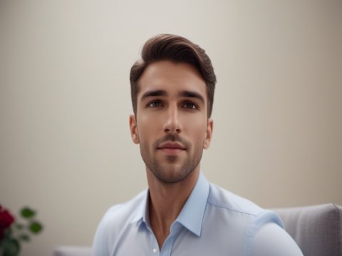 Portrait of a Thoughtful Young Man in Light Blue Shirt