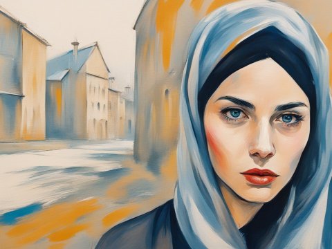 Portrait of a Woman in a Blue Hijab with Abstract Urban Background