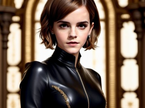Portrait of a Woman in Black Leather Outfit with Ornate Background
