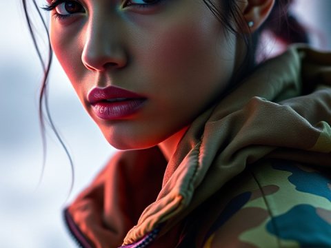 Portrait of a Woman in Camouflage Jacket with Intense Gaze