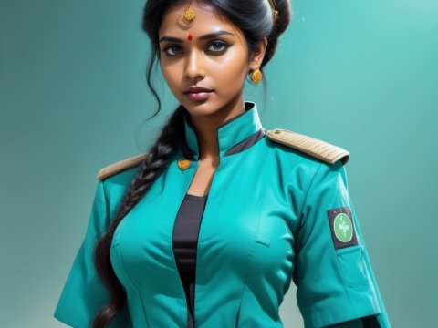 Portrait of a Woman in Futuristic Military Uniform