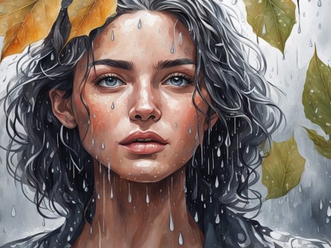 Portrait of a Woman in the Rain with Autumn Leaves