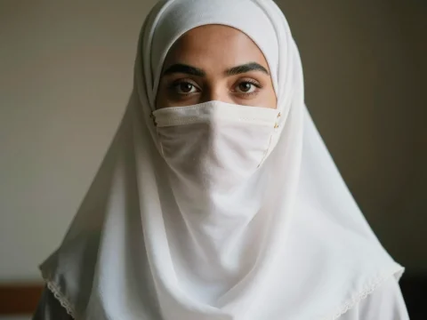 Portrait of a Woman Wearing White Niqab and Face Mask