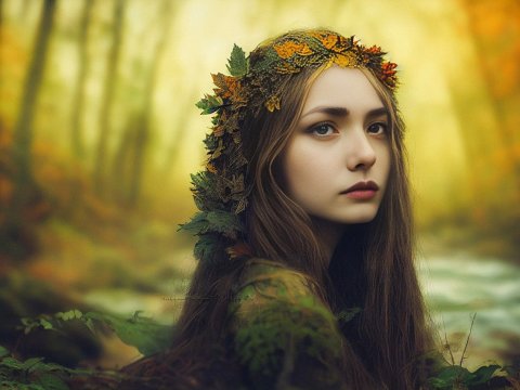 Portrait of a Woman with Autumn Leaf Crown in Forest
