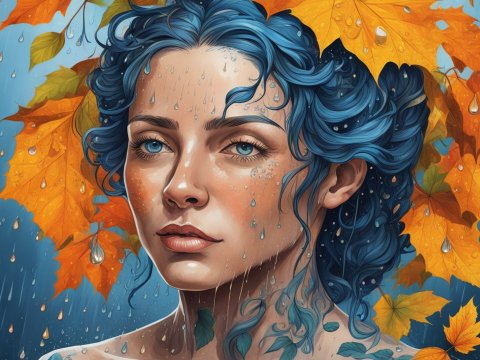 Portrait of a Woman with Blue Hair and Autumn Leaves in the Rain