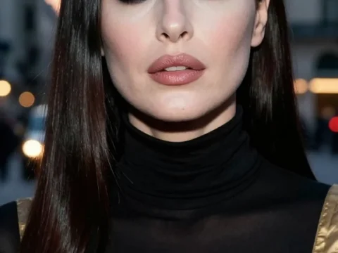 Portrait of a Woman with Dramatic Makeup and Golden Dress