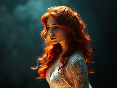 Portrait of a Woman with Fiery Red Hair in Elegant Lace Dress