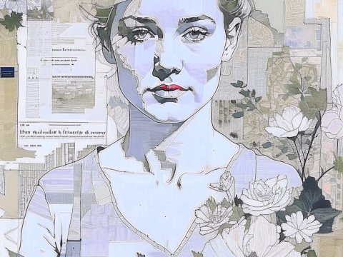 Portrait of a Woman with Floral Elements in Mixed Media