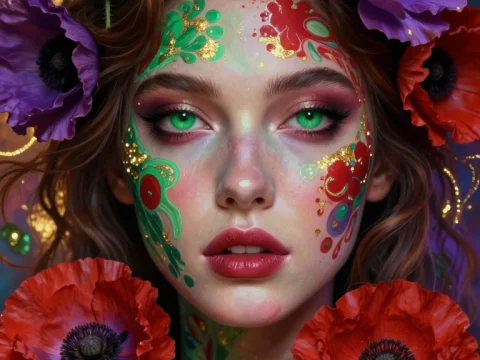 Portrait of a Woman with Floral Face Paint and Vibrant Flowers
