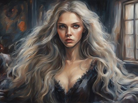 Portrait of a Woman with Flowing Silver Hair in a Dark Room