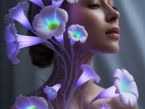 Portrait of a Woman with Glowing Blue and Purple Flowers