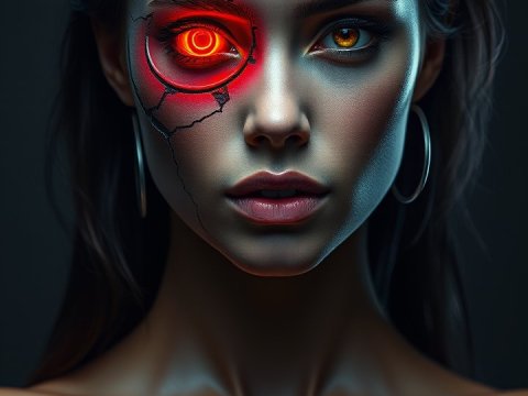Portrait of a Woman with Half Mechanical Face and Glowing Red Eye