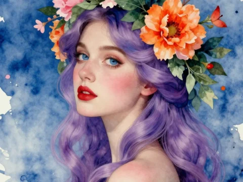 Portrait of a Woman with Purple Hair and Floral Crown