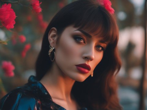 Portrait of a Woman with Red Flowers at Sunset