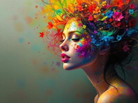 Portrait of a Woman with Vibrant Floral Colors