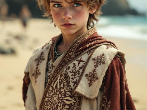 Portrait of a Young Boy in Ornate Medieval Robes on the Beach