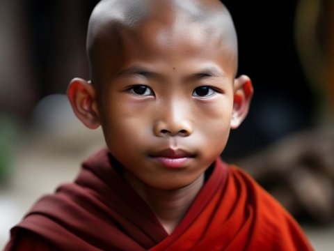 Portrait of a Young Buddhist Monk in Traditional Robes