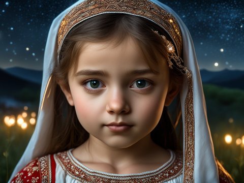 Portrait of a Young Girl in Traditional Dress Under Starry Night